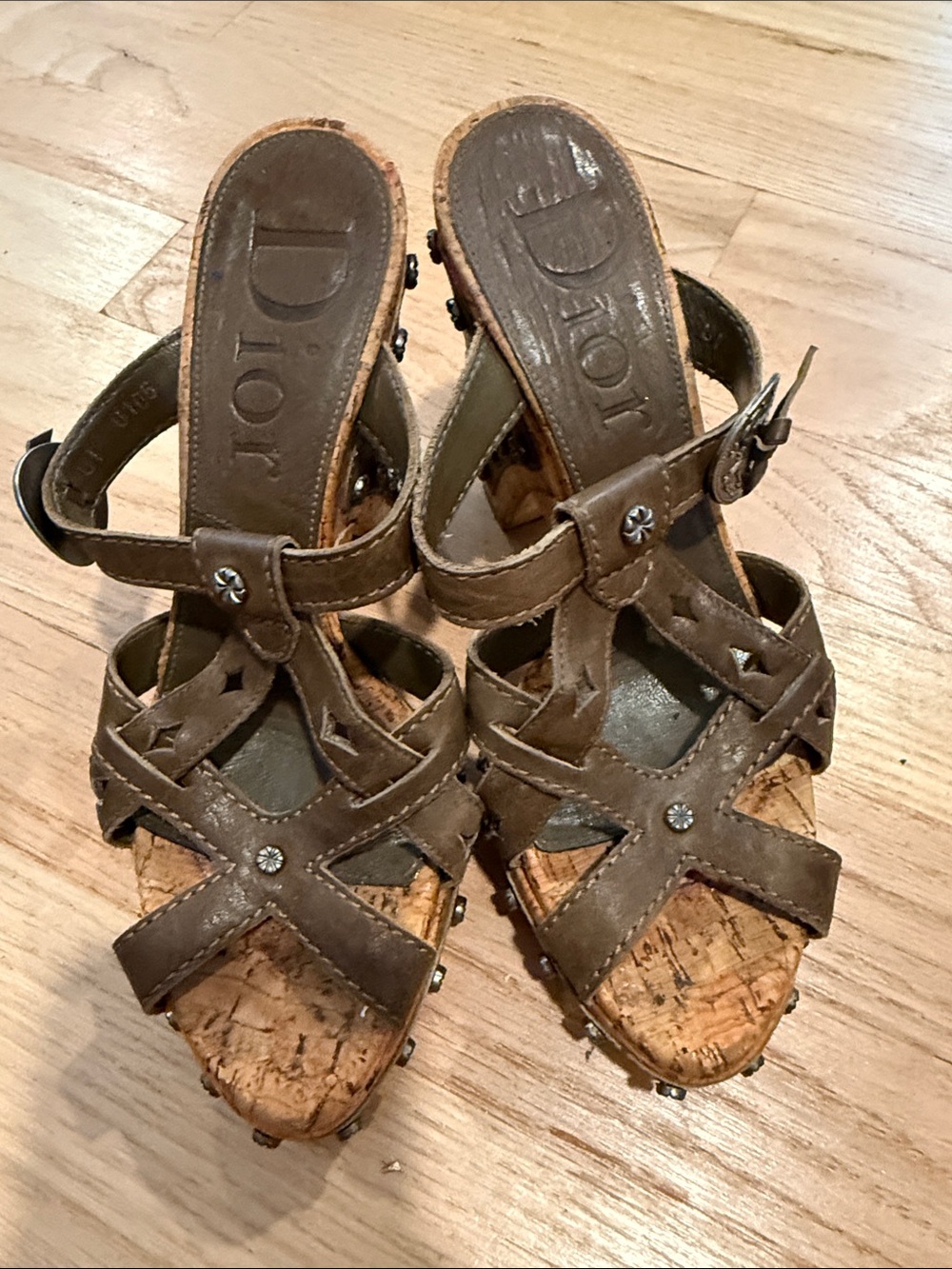 Dior Gaucho Brown Leather Cork Wedge Slip in Heeled Sandals Decorative Studs